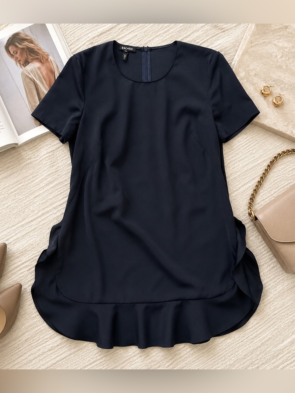 Escada Navy/Black Virgin Wool Ruffle Hem Tunic Top | Size 34 | NWOT - Picture 2 of 10